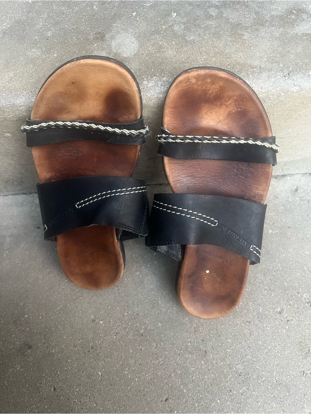 Merrell Black Leather Double-strap Slide Sandals with Braided Accent